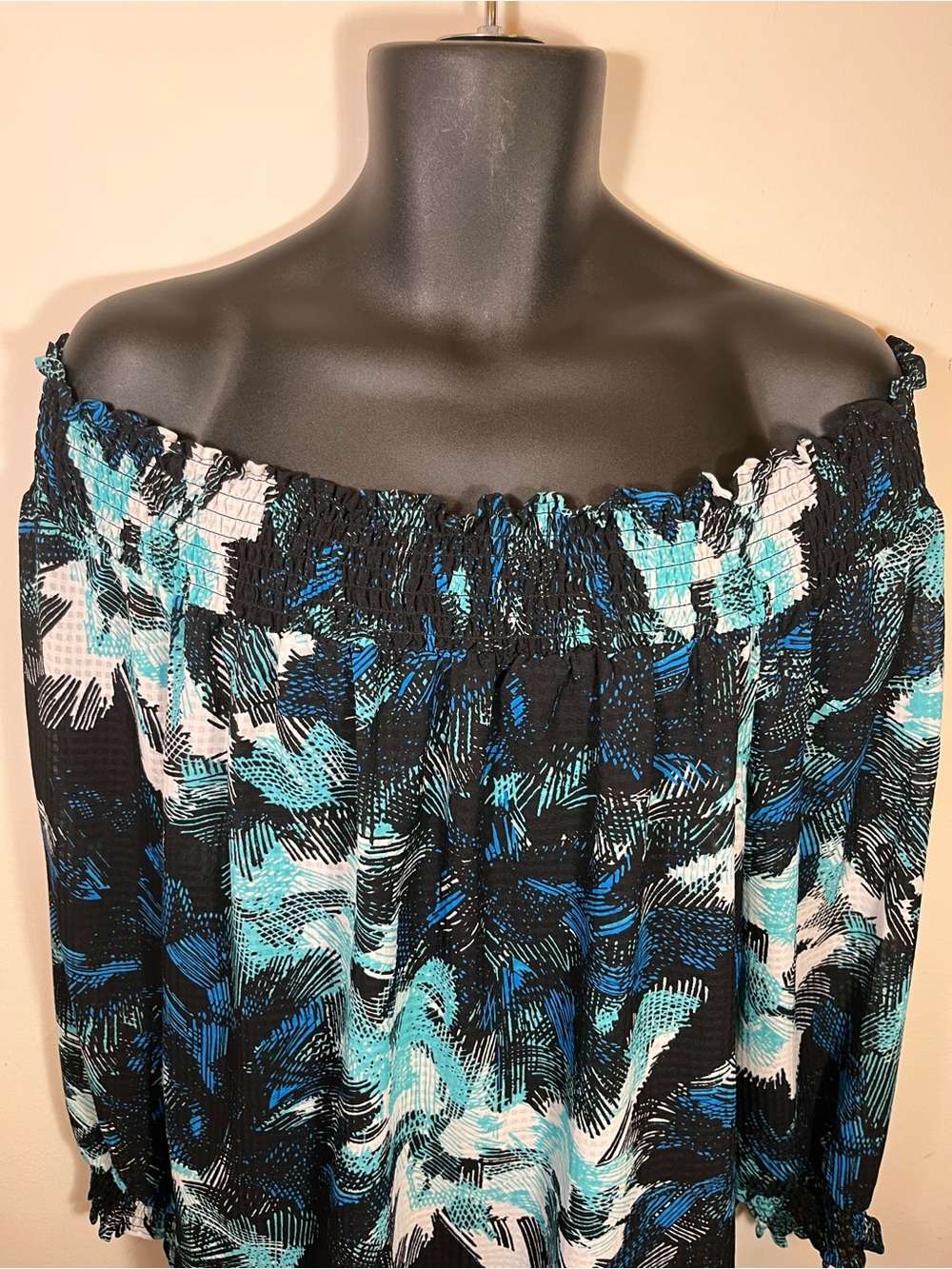 Michael Kors Off-Shoulder Top in Black, Teal & White